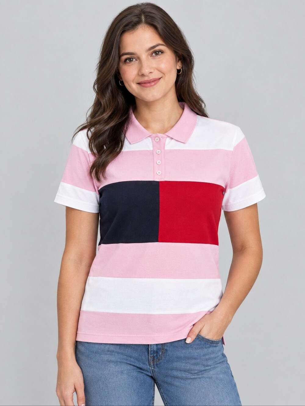 Tommy Hilfiger Pink, Red, Black & White Block Stripe Polo